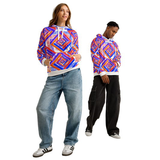 Two people wearing colorful geometric-patterned hoodies against a plain background