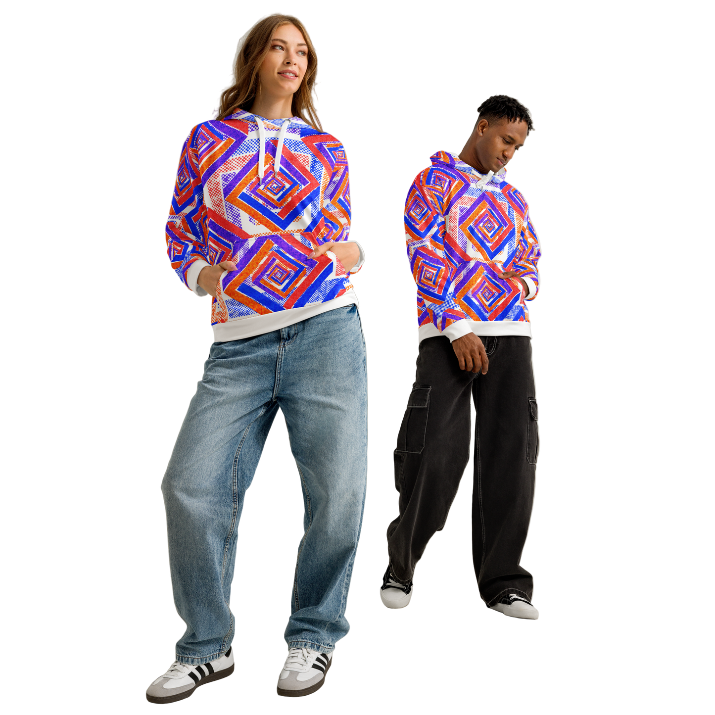 Two people wearing colorful geometric-patterned hoodies against a plain background