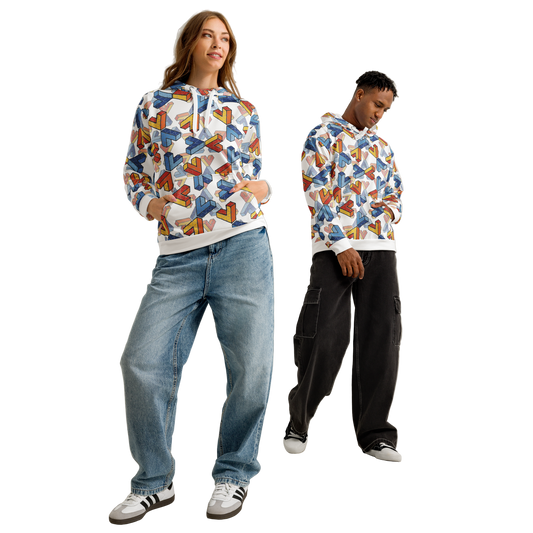 Two people wearing colorful patterned hoodies and jeans on a plain background
