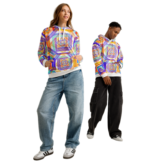 Two people wearing colorful geometric-patterned hoodies against a plain background